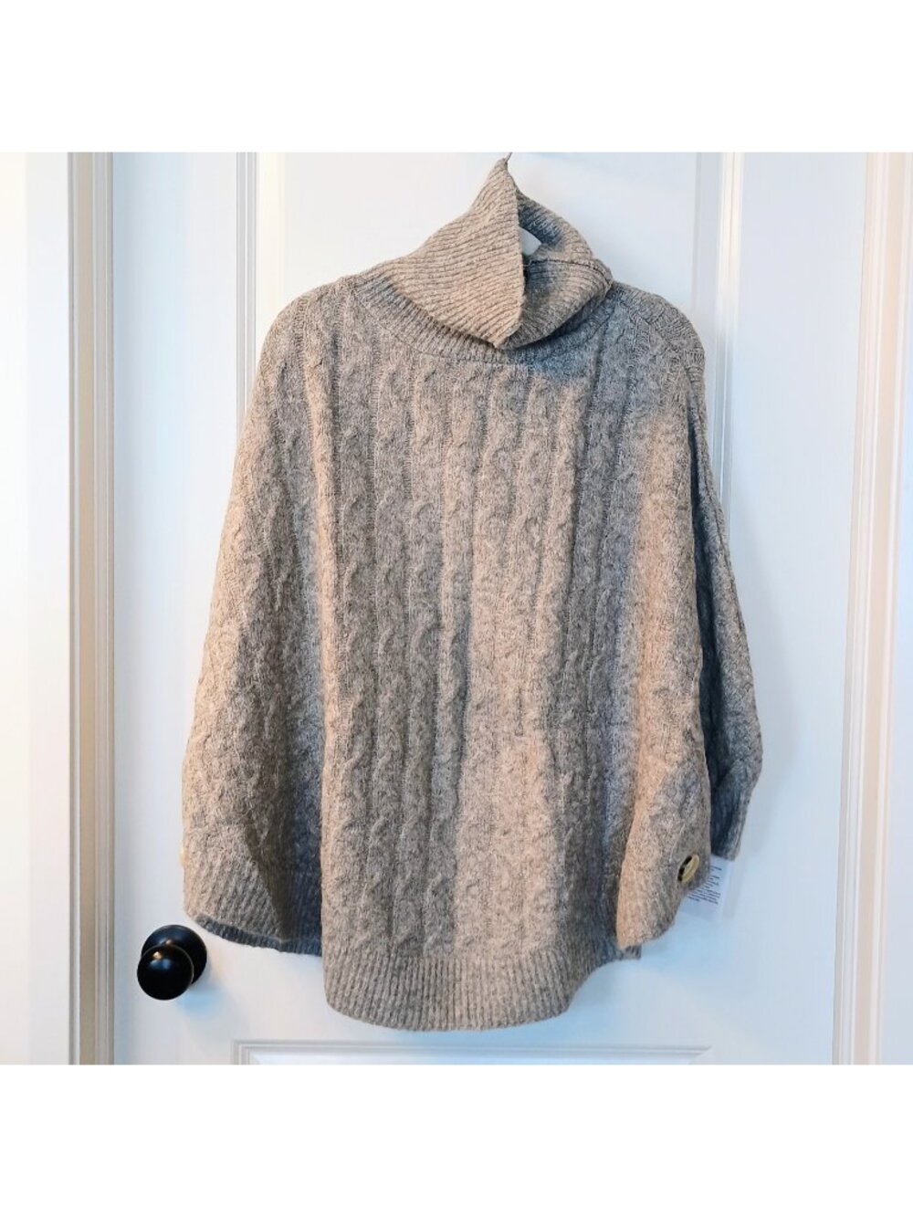 Puli Gray Cable Knit Turtleneck Poncho Sweater One Size Button Sleeve Wrap  NEW